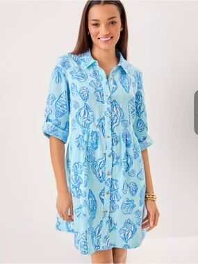 Lilly Pulitzer Shaela Linen Dress in the Fresh Water Blue Cool as Shell